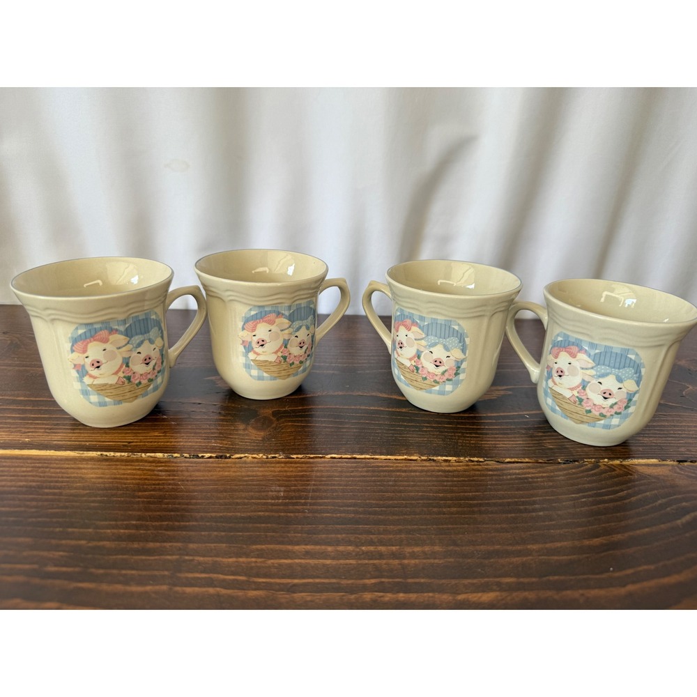 VTG Tienshan Stoneware Pig Pal Tea Set 4 Mugs 4 Saucers Country Farmhouse - Picture 10 of 14